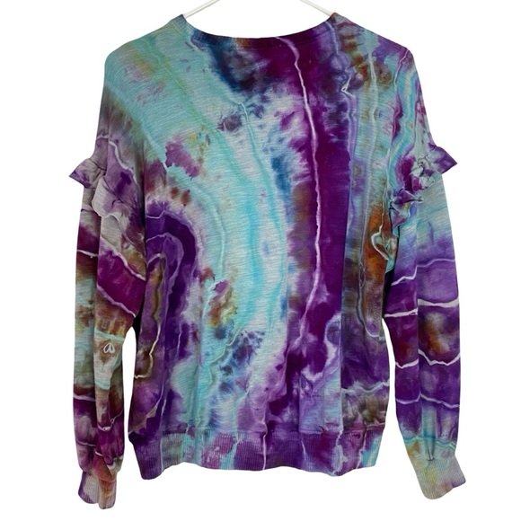 Monrow Tie Dye Sweatshirt Womens Size Medium Pullover Ruffle Purple Upcycled - Picture 2 of 12